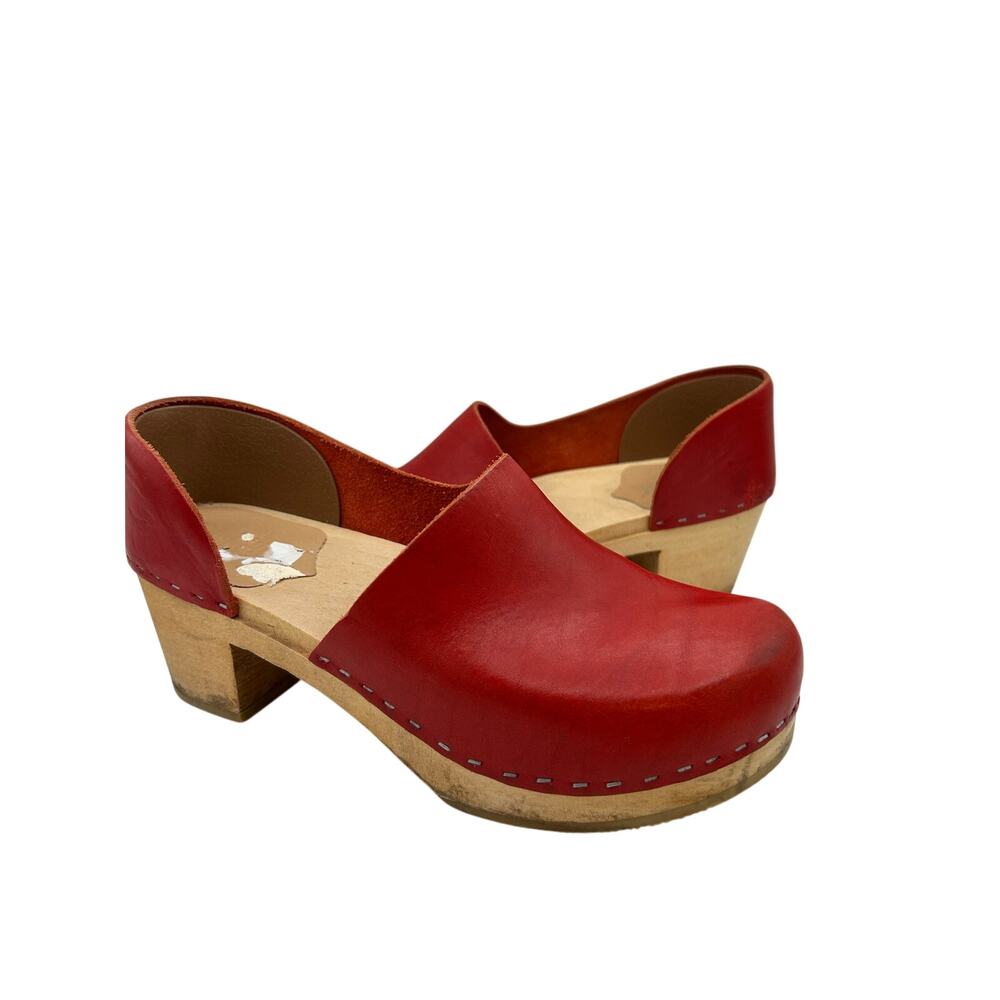 Sandgrens Brett Swedish handmade clogs red leather wooden sole chunky women’s 10